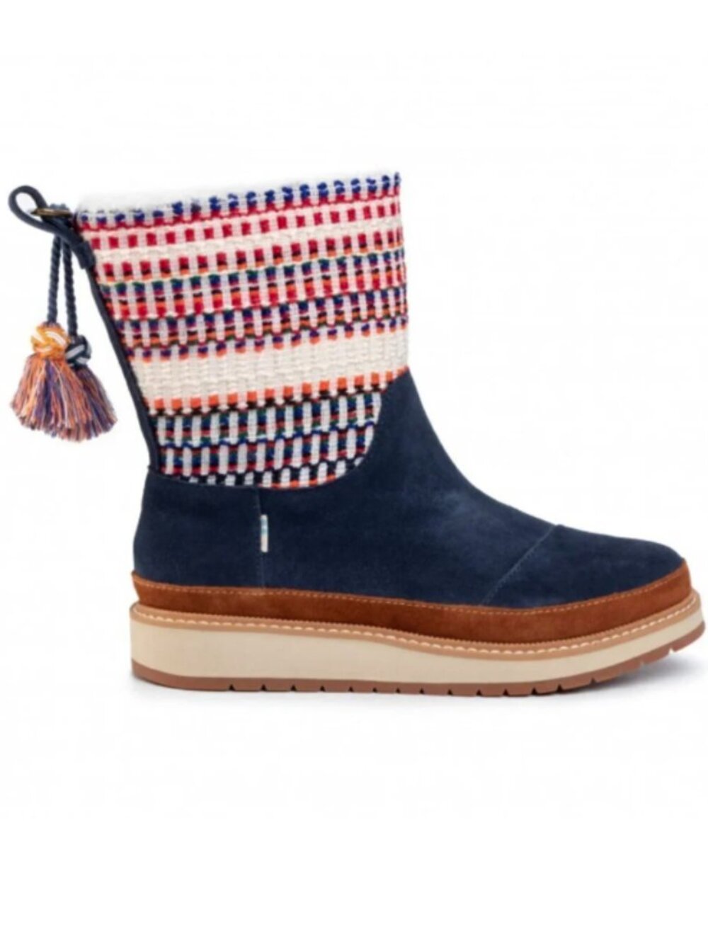 Toms Makenna Tassel Navy Blue Red White Patterned Suede Side Zipper Tall Boots